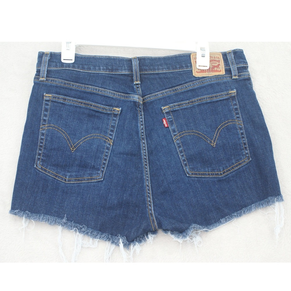 Levis High Rise Shorts Womens 33 Dark Wash Denim Frayed Raw Hem Blue Casual